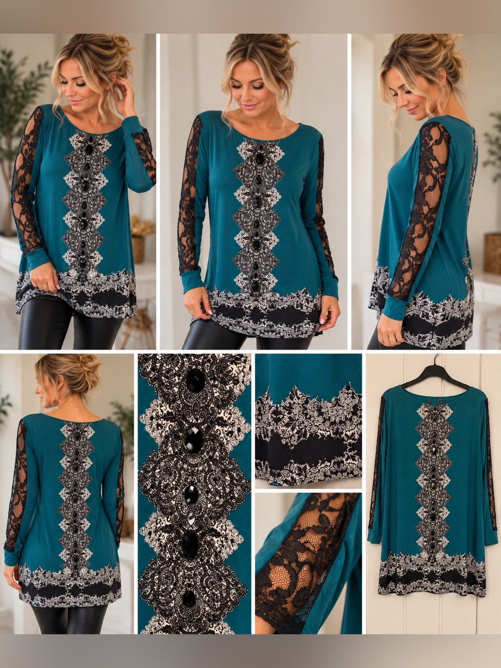 Teal Black Lace Sleeve Embellished Tunic Top Size M